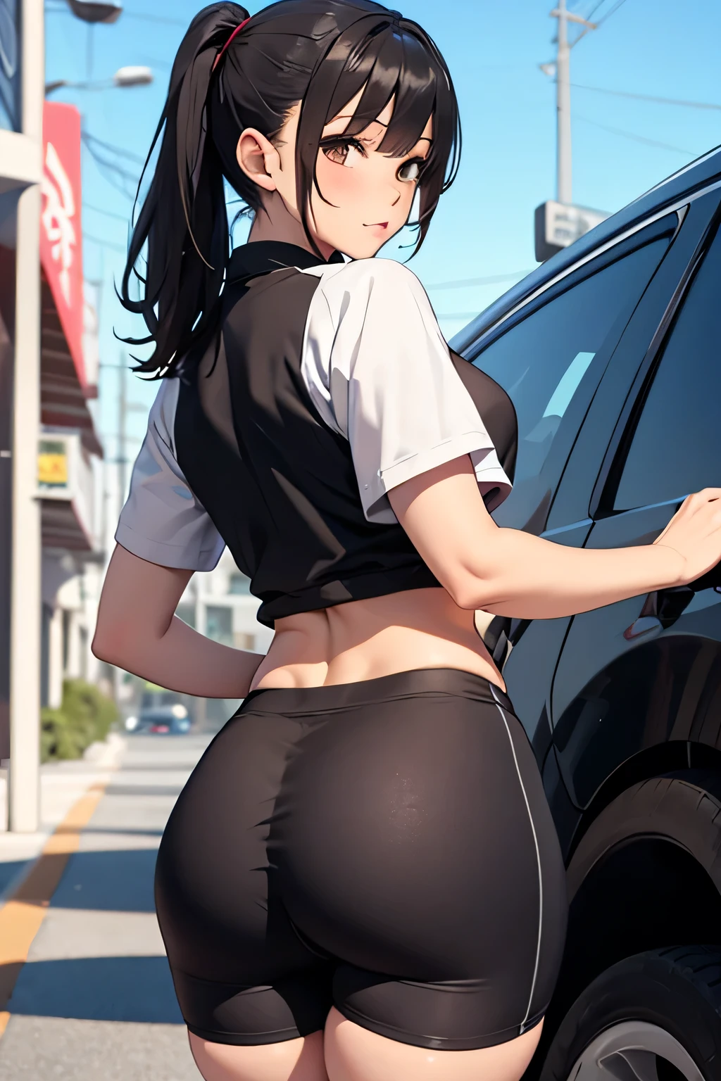 2 Asian girls, both farting together side by side, desperate to poop, farting while sitting on car seat, sitting down, wearing sports outfit, stomach bloated, hangs holding stomach, pained expression, shocked and embarrassed, mouth open in shock, sweating, blushing, beautiful and cute face, anime art style, fit body, tall and thin, view from back