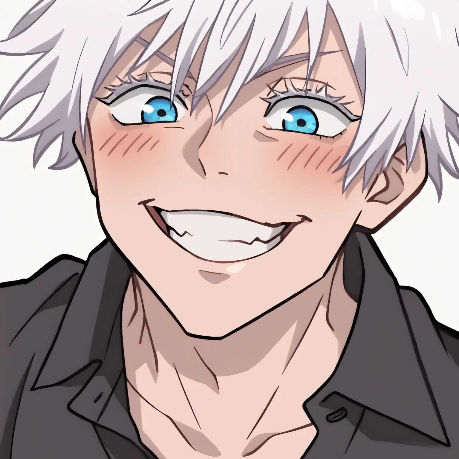 masterpiece, best quality, emote, chibi, 1boy, male focus, gojou satoru, jujutsu kaisen, white hair, white eyelashes, blue eyes, alternate costume, layered clothes, black shirt underneath, white collared shirt, unbuttoned collar, upper body, grin, blush, white background, simple background,