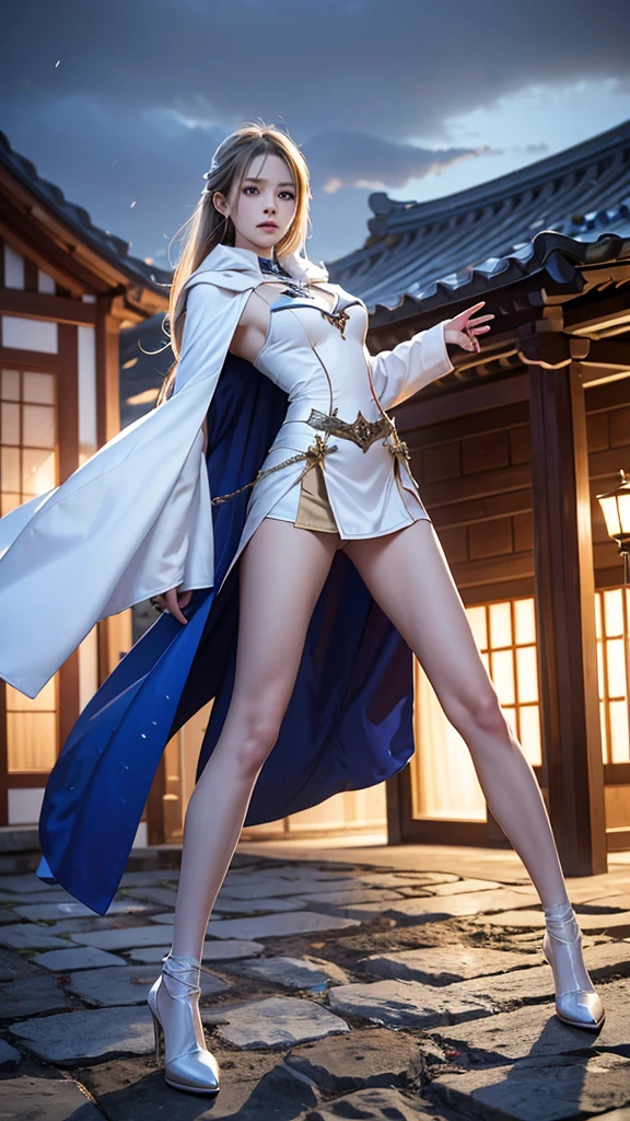 South korea asssassin walk women mystery hooded on with modern royal Blue coat with buttons and royal Blue cape and very high white heel over the knee and white gloves, As she reveals a small secret hidden blade, adding to the character’s mysterious and agile appearance, with small movements of air on the cape, in summer at night under the rain, with buildings featuring curved eaves and detailed architecture. The scene is set at night, sending a knife into the white woman's neck , intricate detail, ultra detail, incredible detail, intricate detail, extremely detailed and intricate, super max, masterpiece, best quality, HDR, UHD, unreal engine. , beautiful face, Rich in details High quality, gorgeous, captivating, 8k, super detailed, stunning shadows, detailed lines