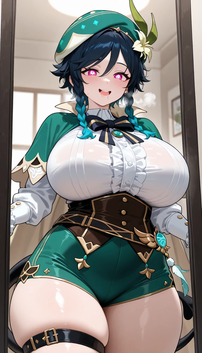 (melhor qualidade, obra-prima), 1Meninas, (corpo BBW), (cabelo roxo), (pigtails), (elf), Feliz, corada, rechonchuda, Fofa, emphasis on the thighs, Pose sexy, seios grandes, hands on breasts