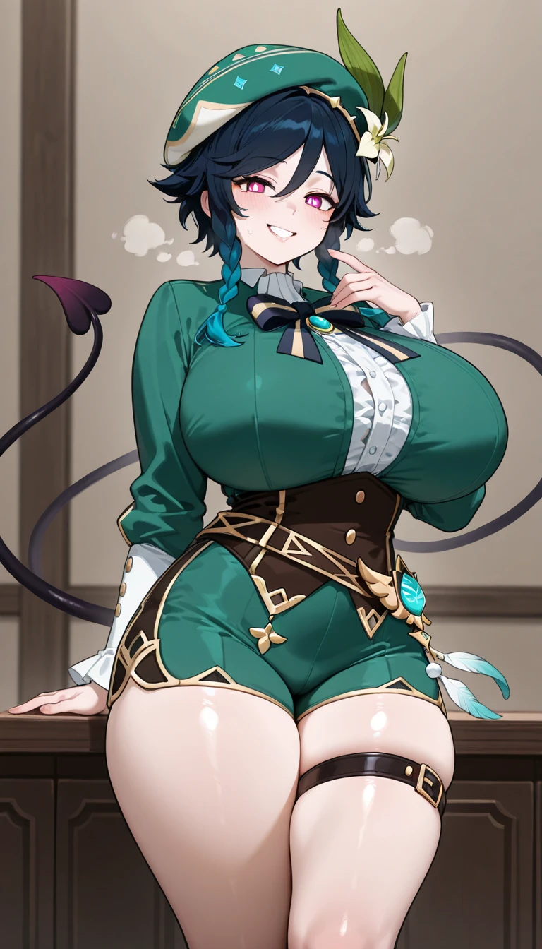 (masterpiece), best quality, thick thighs, seductive eyes, seductive smile, eyeliner, dreamy eyes, large breasts, heart eyes, aroused, blushing, horny, oily skin, cleavage, detailed, wavy hair, short hair, green jacket, cat ears, kneeling, black shirt,