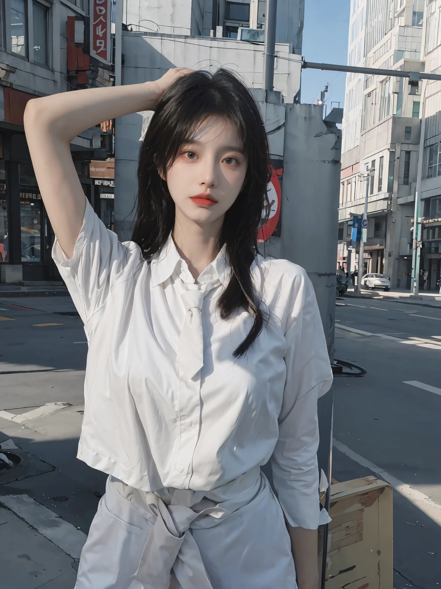 There's a woman sitting in a chair with headphones on, Camisa comprida, wearing japanese techwear, usando streetwear cyberpunk, Fotografia de uma mulher techwear, roupas brancas da moda, cruel korean goth girl, she's wearing streetwear, Cyberpunk Streetwear, Techwear Look e Roupas, roupas brancas e pretas, camisa branca, moda techwear, camisa, Ulzzang, vestindo camisa