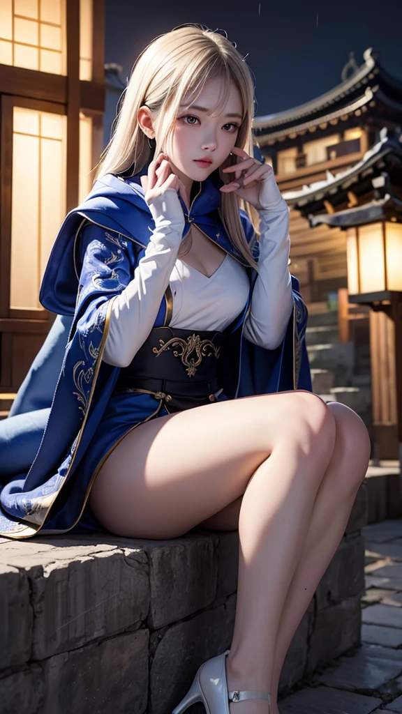 South korea women mystery hooded on with modern royal Blue coat with buttons and royal Blue cape and very high white heel over the knee and white gloves, As she reveals a small secret hidden blade, adding to the character’s mysterious and agile appearance, with small movements of air on the cape, in summer at night under the rain, with buildings featuring curved eaves and detailed architecture. The scene is set at night, she slit a person's throat , intricate detail, ultra detail, incredible detail, intricate detail, extremely detailed and intricate, super max, masterpiece, best quality, HDR, UHD, unreal engine. , beautiful face, Rich in details High quality, gorgeous, captivating, 8k, super detailed, stunning shadows, detailed lines