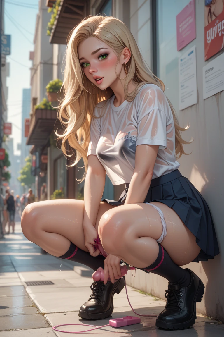 {Elizabeth Banks from the back, big skinny ass, muscular thighs, slim waist, symmetrical body, perfect body, she is in an alley Against a wall, brick wall, dim lighting, alley}, (mouth slightly open sensually), ( wavy blonde hair), (detailed eyes), (bright eyes), (feeling sensual, wearing a very short pink furry velvet blouse showing her belly, and a tight and short black leather thermal flannel skirt - FashionLeg), ((White Adidas sneakers), (it's raining a lot, rainy weather, cloudy sky raining, she's all wet), full body, ideal human, Hyper realistic, (((back to the camera, bottom view)).