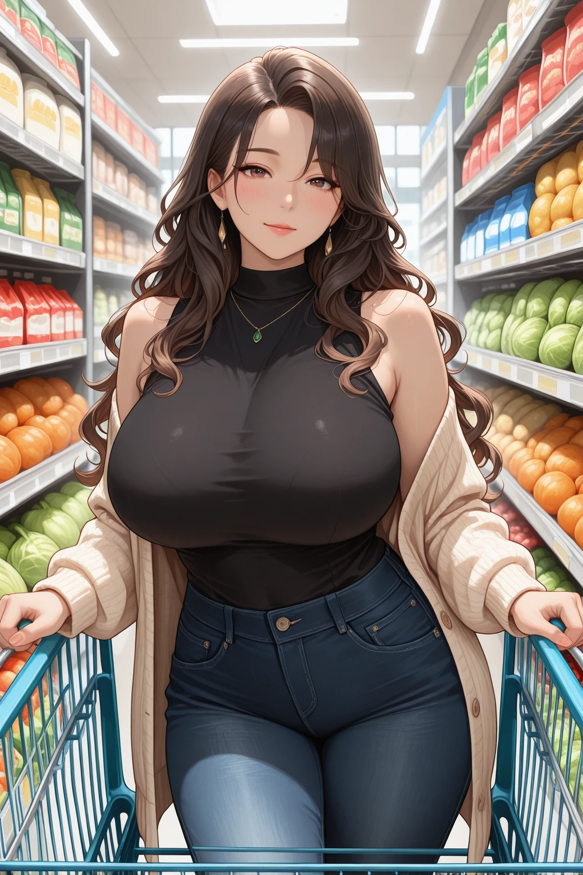 1 woman, wavy brown hair, Close your eyes. , sly face , smile , naked , abdomen, big , Long legs , stand on your hips... , Barefoot , Convenience store ·