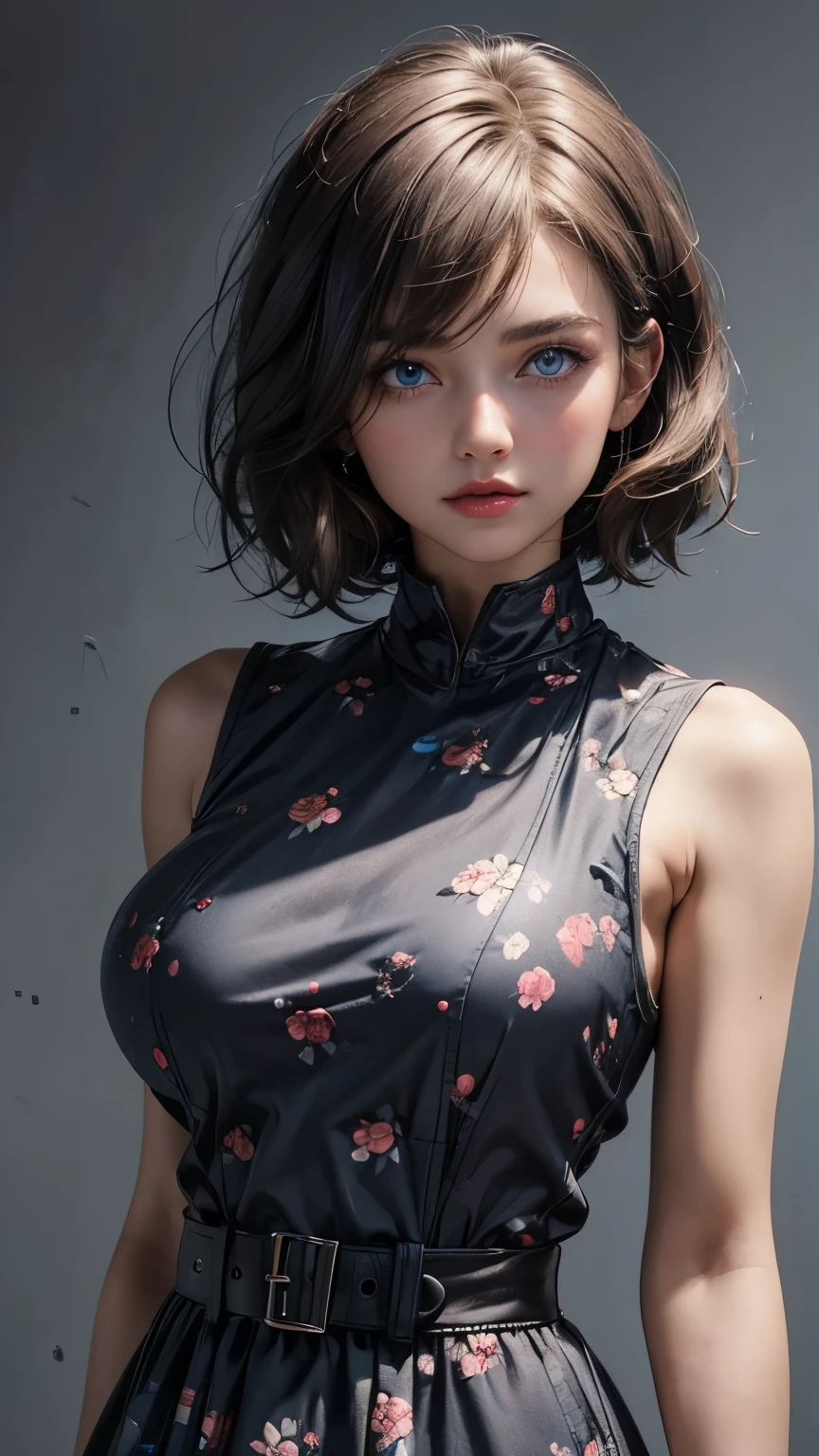 A very beautiful, well-groomed girl, with clear skin, the usual features, beautiful lips, and a slight smile on her face. beautiful figure, modern clothes, cool modern couture dress. presentation background, neutral gray-blue, in virtual space. top quality, 16K. FULL HD, cinematic rendering. Create a piece of art that captures baby Michela's unique beauty., Famous Digital Influencer. Focus on her unique facial expression as she looks straight into the camera, trying to capture the intensity of her piercing blue eyes. Accurately capture her signature style with a Spanish-style hairstyle styled in two carefully crafted chignons. Add details that reflect her charming and avant-garde personality. We took care to convey the aura of modernity and originality that characterizes Lil Miquela in the digital world ., Some freckles and nevi, and short hair wrapped