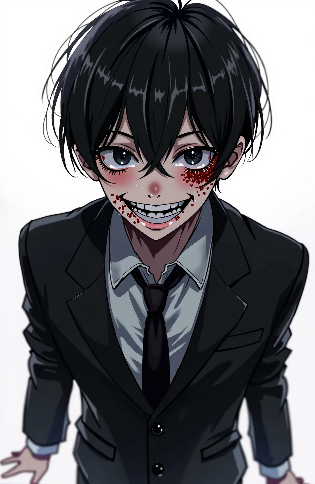 1 14 year old boy in chainsaw man style, short black hair, gray eyes, white blouse with a black tie, Grinning (dentes pontudos), showing the tongue,(bloodstains), tilted face, muito bloodstains, White background