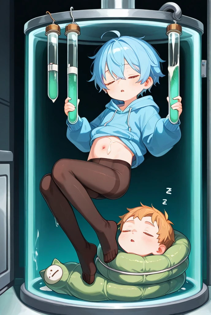 4K，8K，high resolution，masterpiece, best quality, hairy, alone, Wearing slime shorts，wet fur, blue slime drowned，In the lab，Lying on the slime，Thin，blush