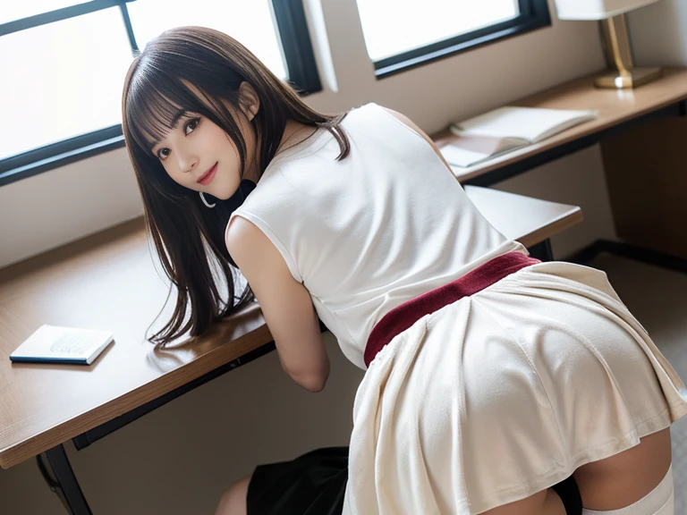 Very detailed CG ユニティ 8k 壁紙, Highest quality, Very detailed, masterpiece, Realistic, photo Realistic, Very detailedかわいい女の子, 23 years old, (secretary), blush, Lips parted , (Get on all fours) ,(Showing panties) , Ultra-realistic pantyhose、look back , Half Body Shot , office