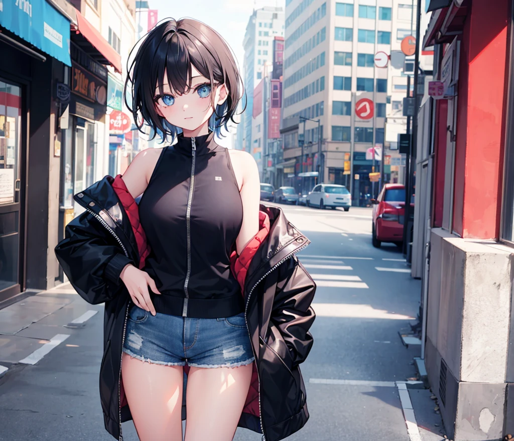 masterpiece, highest quality, One girl,small,small胸,short hair,Gray Hair,Sharp teeth,tooth,choker,blue eyes,Heart-shaped pupils,Devil horns,blush,(Outdoor,paved,traffic light,road signs),View your viewers、nude