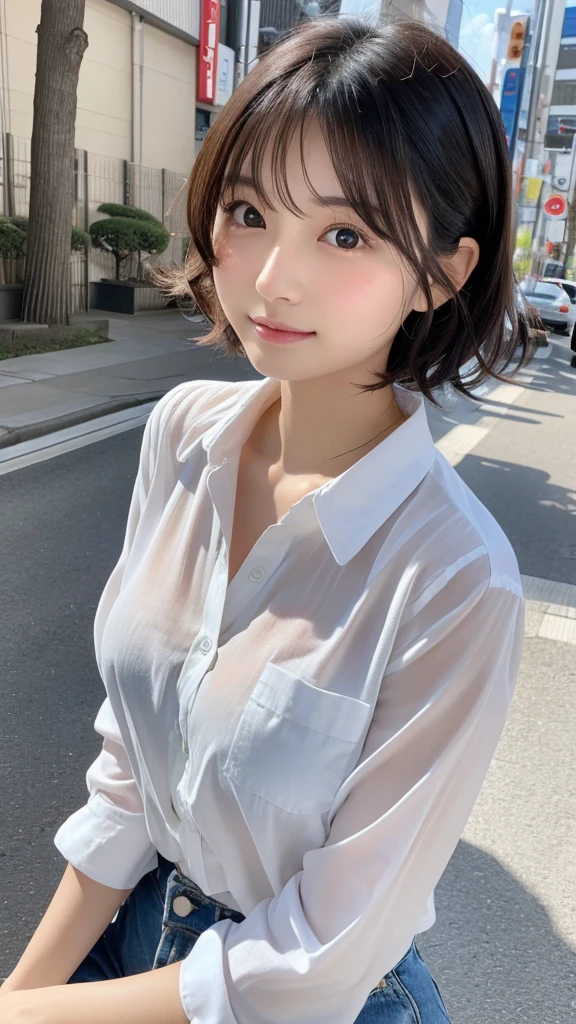 ((best qualitiy, 8k, 杰作:1.3)), sharp:1.2, perfect figure beautiful woman:1.4, Slim abs:1.2, ((layered hairstyle, :1.2)), (Baneau short-sleeved T-shirt:1.1),(streets:1.2),Get wet:1.5,Highly detailed facial and skin texture,detailed eye,Double eyelid,looking into the camera