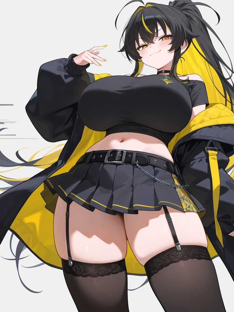 hot girl, beautiful long black hair, bright yellow eyes, black bikini, big but medium breasts, a black jacket no panties and long black transparent socks, wolf ears, blush