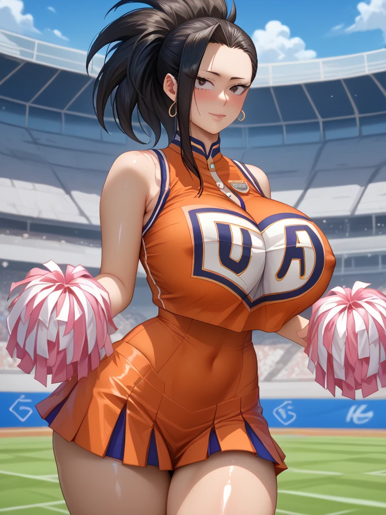 maternal smile, blushing, Pompones, uniform, crop top, midriff skirt, miniskirt, crop top overhang, clothes lift, large, sweat, thick thighs, (huge chest 1.5), cheerleader uniform, wet clothes, semi-transparent clothing, erect nipple under clothes, high ponytail, visible underwear, micro thong, (high thong), (standing on one leg), masterpiece, best quality,  Very detailed