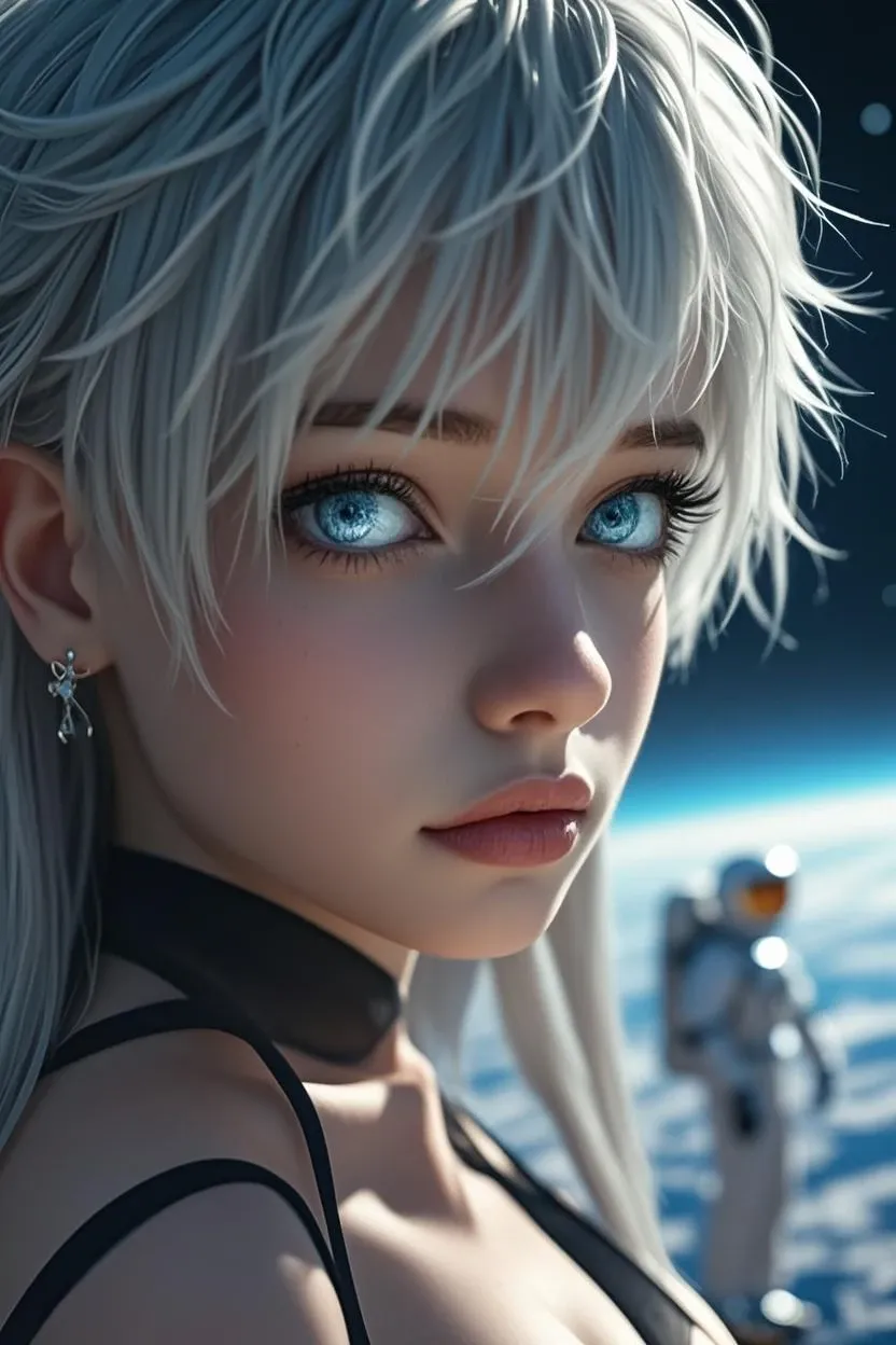 Green eyes white long hair little girl on the moon, looking up at the starry sky of the universe, sense of technology, cyberpunk, dream, sense of light, 3D rendering, --auto