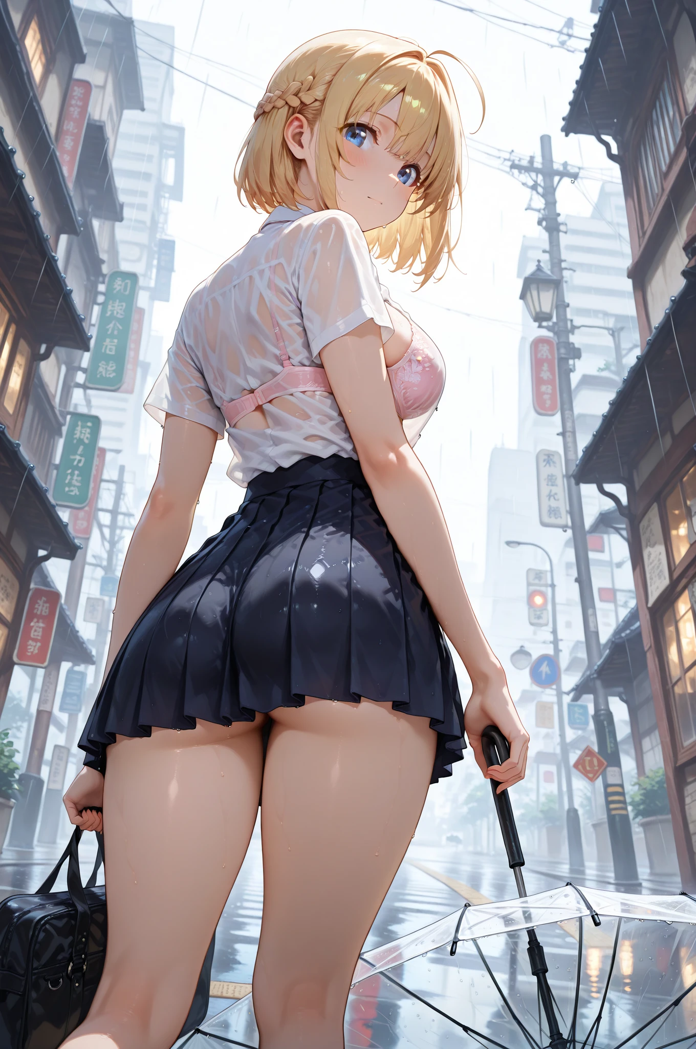 
masterpiece, best quality, physically-based rendering, high resolusion, RAW photo, photo realistic,

1 female, Japanese, white shirt, navy pleated skirt, short sleeves, , school bag, blonde hair, side tails, flower hair ornament, light blue scrunchie on wrist,

Afternoon in the city BREAK 

((standing in the middle of the road))

 BREAK

looking at front, 

((white panties, cameltoe)),

(from behind), (from below ground:1.5),