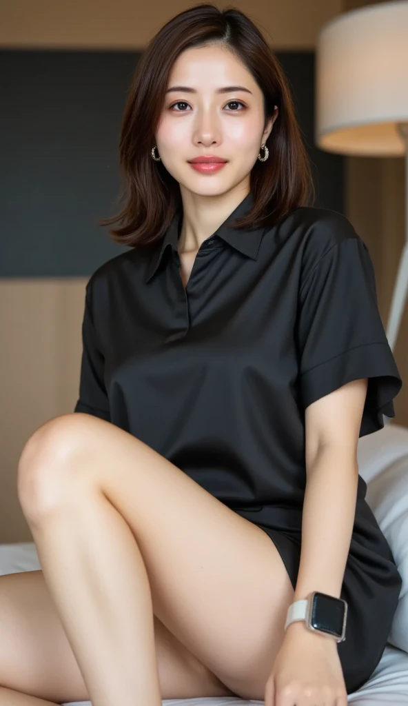 ((work of art)), ((highest quallity)), ((Complex)), ((surreal)), (realisitic), (mature woman), ((No classes)), very detailled, (1 female), Beautiful and exquisite, (Beautiful teeth), ssmile, Brunette Bob Hair, eyes browns, ((blouse)), (trunk), (fund:None), perfects eyes, captivating eyes, looking at the audience, photo by full body.
