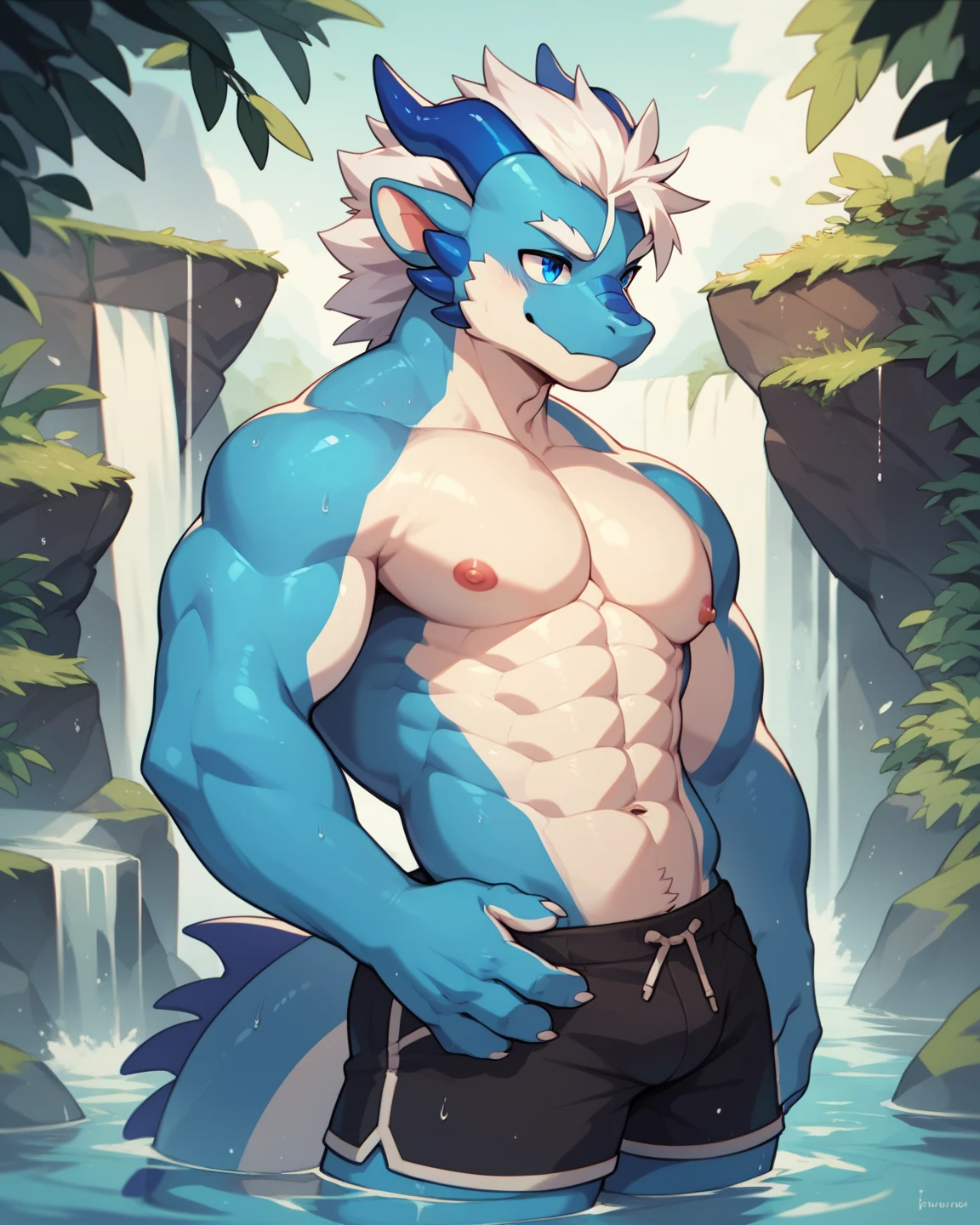 ultra-detailed, masterpiece, masterwork, high quality, best quality, hdr, posted on e621, (by hioshiru), (nature, hot spring, waterfall), nsfw, male, solo, chibi, (blue little body dragon), dragon, (long silver hair, yellow eyes, detailed eyes, white shark body), (nude, littlepenis, foreskin, balls), stylish pose, front view, dynamic angle, wet body