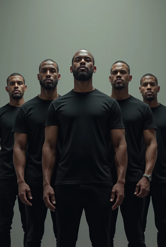 Modelos masculinos multi étnicos em fileira sem camisa com calça social preta em um templo grego, ambiente Darck 
