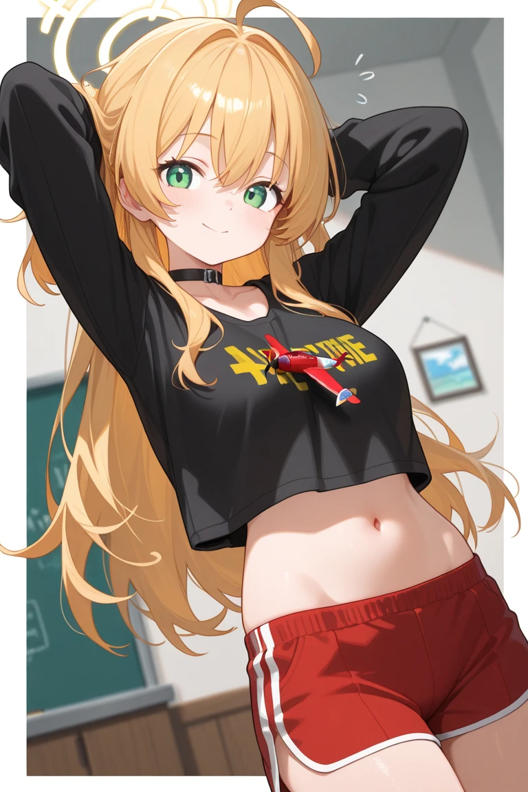 ((4K, ​master piece, Best Quality)), power  , blonde , chifres ,  1girl in , medium breasts⁩, smug  , evil smile , (sexy body  )   shirt , black  thong pantie , sweat . Front , night  , belly button piercing  ,  blood . 