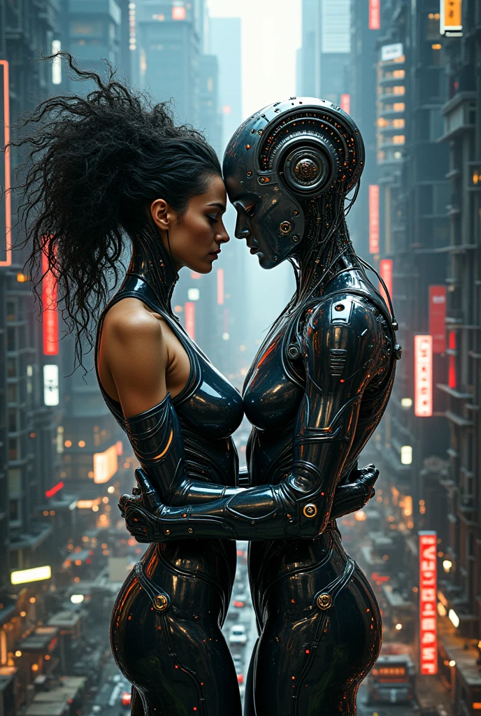 Sexual relationship between a male cyborg and a female cyborg on the roof of a skyscraper, high quality, Best quality, absurdity, masterpiece, Beautiful, complex parts, 1/2 body crops, slender body, Beautiful figure, Magnificent ???????, (complex parts:1.12), HDR, (complex parts, hyperdetailing:1.15), (natural skin textures, hyperrealistic, soft light, spicy:1.2)