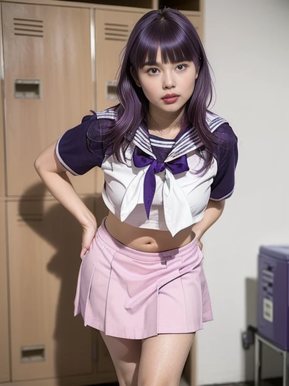Highest quality, masterpiece, Ultra-high resolution, (reality: 1.4), Original photo, 1 female, mature, Smile, short hair, Plump body, , Cinema Lighting, Exact finger count、Exact number of legs、(Exact number of arms:1.0, Exact number of hands:1.0), (Perfect hands, Perfect Anatomy), Cinematic, reality的, Highly detailed CG, Night lighting, Perfect lighting, Best Shadow, The best natural light, smile, ((A woman shows off her panties:1.3)), (school uniform, sailor uniform, Knee-high socks, loafers, Navy pleated mini skirt:1.3), (Sexy and cute panties), (Stylish shiny satin pink panties:1.2), Side tie panties, Lace panties:1, Feeling embarrassed, (blush:1.2), (Embarrassed expression:1.4), (On the streets of the entertainment district at night:1.3), Angle from the front