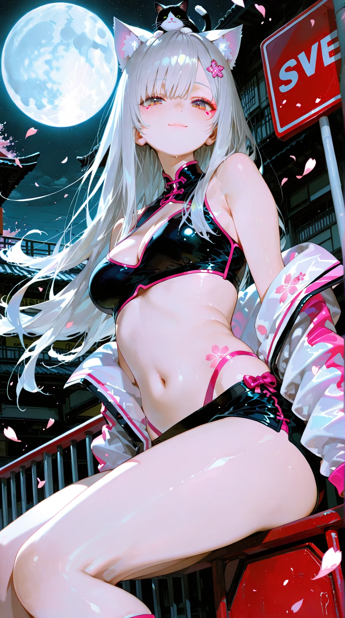 Silver hair, pink eyes, body, cat ears, sexy girl, earrings, hearts background fantasy, red pink uniform, hair bows