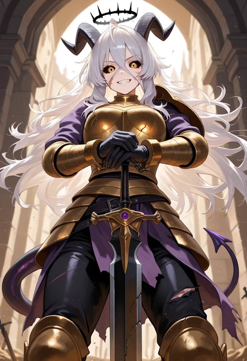 woman, blue eyes, long hair, white hair, mature, god eyes, diamond earings, glowing right eyes, two colors eyes, purple eyes, golden armor, injured, blood, dead, tears, smilling