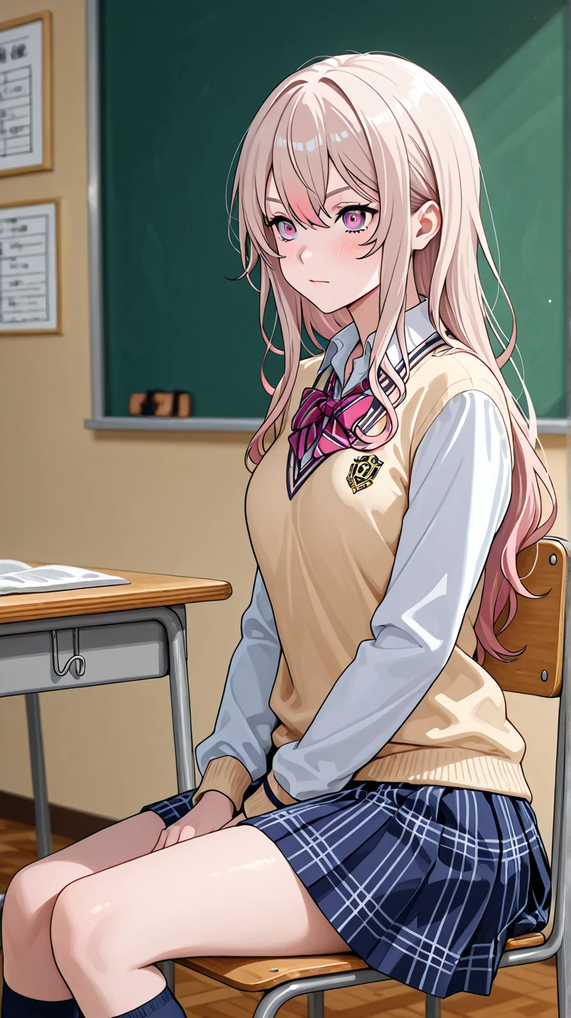 BREAK looking at viewer, BREAK (masterpiece:1.2), best quality, high resolution, unity 8k wallpaper, (illustration:0.8), (beautiful detailed eyes:1.6), extremely detailed face, perfect lighting, extremely detailed CG, (perfect hands, perfect anatomy),school,desk,windows,tables,inoue orihime, long hair, orange hair, (grey eyes:1.5),skirt, bow,blazer,,sweater,(pink sweater:1.5),cleavege,neckline, long sleeves, puffy sleeves, skirt, blue skirt, long skirt, upskirt, showing panties, wet panties,camel toe, from below.