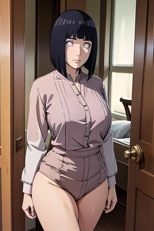 naked wearing white apron only,, ((thick arms)), , stretching , anime style, cute , beautiful , nice body, soft body, (hinata\(boruto\), (slender body), mature woman , broad shoulders, off-shoulders, (naked wearing white apron only, bare arms, bare hands), smile, closed mouth, pale skin, , smile, (dark blue hair color:1.1), wavy hair, floating hair, ((very short hair, hime cut), big breasts, (closed fists), , (perfect eyes, white sciera, bright eyes, white eyes, anime eyes)