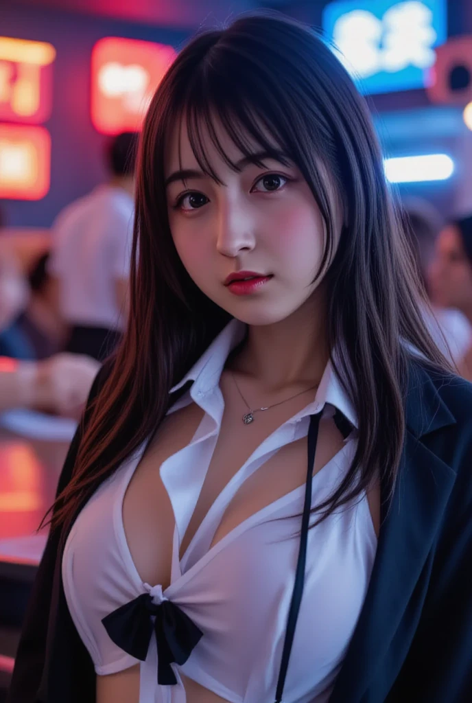 A scene of a woman wearing a low-cut suit sitting in a chair and flashing her best smile in a love hotel at night in a city lit up by neon lights.