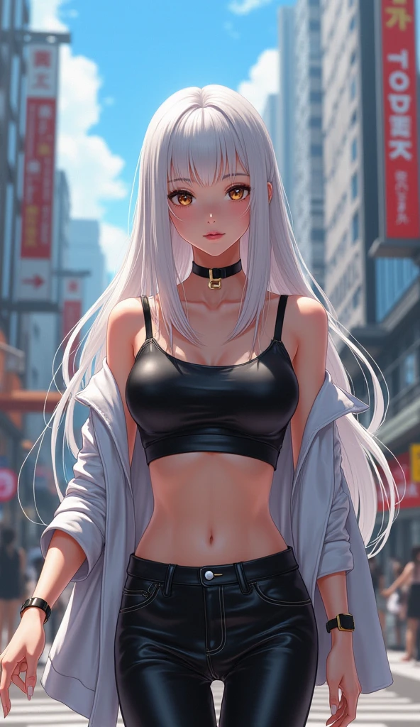 score_9, score_8_up, score_7_up, source_anime, (masterpiece), best quality, expressive eyes, perfect eyes, perfect face, oni girl, oni horns, red eyes, soft lips, long hair, very long hair, wide hips, (white hair:1.2), (white eyebrows:1), (white eyelashes:1), medium breasts:0.5, higuchi madoka, big breasts:0.3, standing, background: City, black sports bra, dog tags, black shorts, legwear garter, black pantyhose