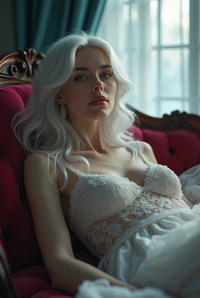 Hyper-realistic photo of a professional model with pale skin posing for a fashion photoshoot. Beautiful model in transparent floral lace night short dress, slender figure, beautiful large breasts, covered in transparent veil, lots of body exposure, full body image facing forward, fantastical painting-like image, silver hair, white translucent skin, long false eyelashes, sitting on a chair facing forward with legs apart, facing forward and legs apart to show crotch , black pastel transparent floral lingerie, glass high heels,