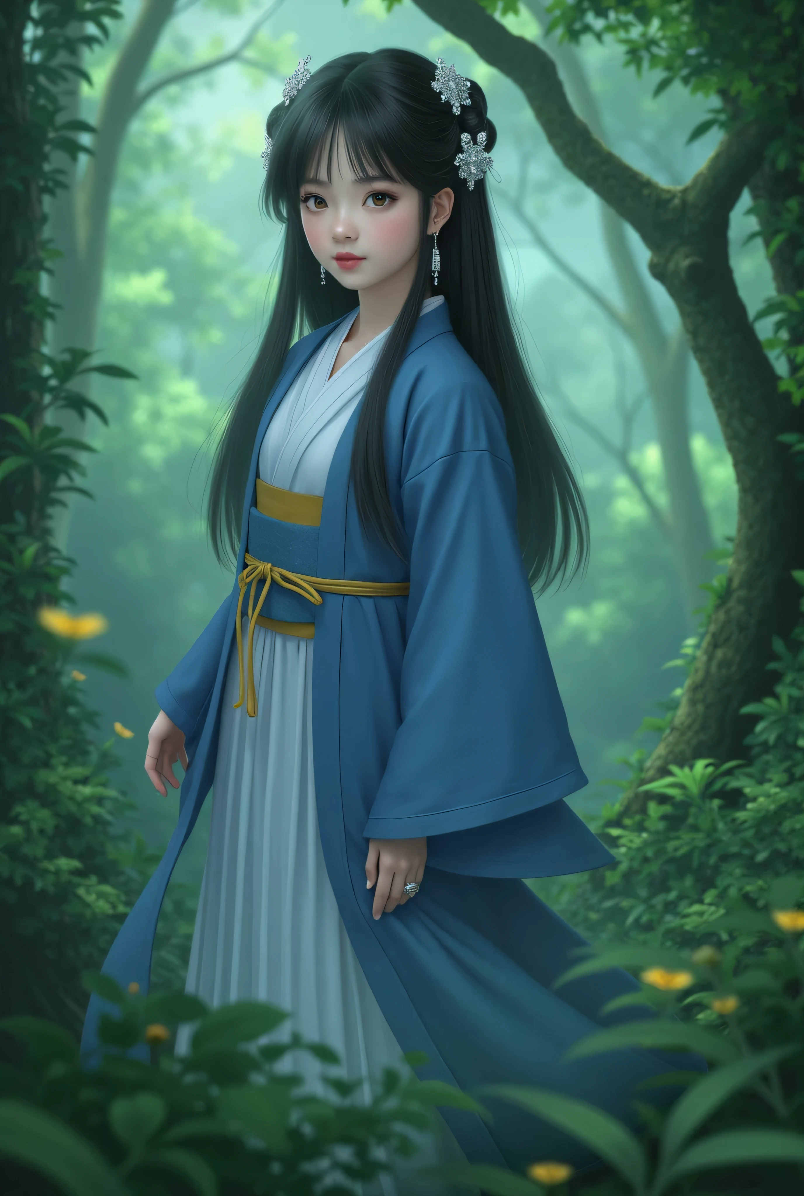 Girl,Romance Club stale,Legend of the Willow stale, realistic,Ultra HD, Japan.Молодая красивая девушка со светлой кожей стоит посреди туманного леса,что поражает своей зеленью и чистотой.Она словно майский снег.Белая чистая кожа,нежные черты лица,хрупкое телосложение ,что прячется за красивой юкатой голубого цвета,длинные чёрные волосы с серебряными традиционными японскими украшениями,пухлые и нежные губы и большие чёрные глаза.
