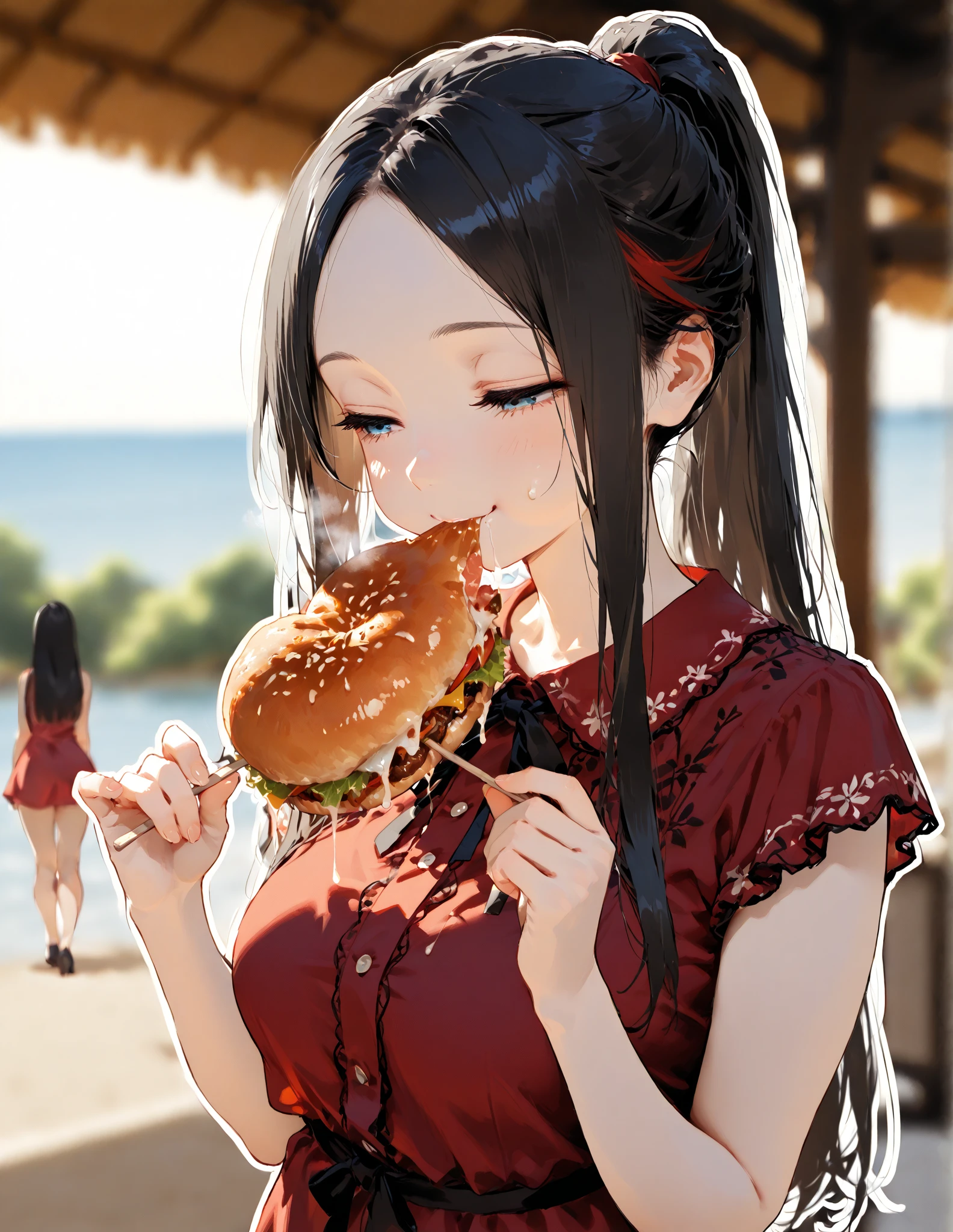 Eating a hamburger,Burger pictures,Walking、Bright red mini skirt、食べながらWalking,Earrings、ribbon、In town、noon、whole body,(Highest quality,Very detailed,High resolution,masterpiece,8K),Bright and vibrant colors,Official artwork,Stylish makeup,Long black perm fluttering in the wind,Captivating eyes,Glossy Lips,Cute girl with ample breasts,Beautiful neckline, Holding,Captivating smile,Solemn atmosphere,