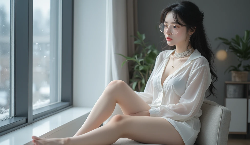 nsfw, Masterpiece, top quality, highly detailed, ((1 woman, A naked woman is excited by masturbating while wearing only sexy panties, An excited and embarrassed face, half-open lips, closed eyes, Raise her chin and face up, Squatting down and spreading her legs apart, touching the genitals between her thighs)), Beautiful mature young round baby face swedish woman, well-shaped small nose, wearing black frame glasses, long pink hair ponytail with bangs, 