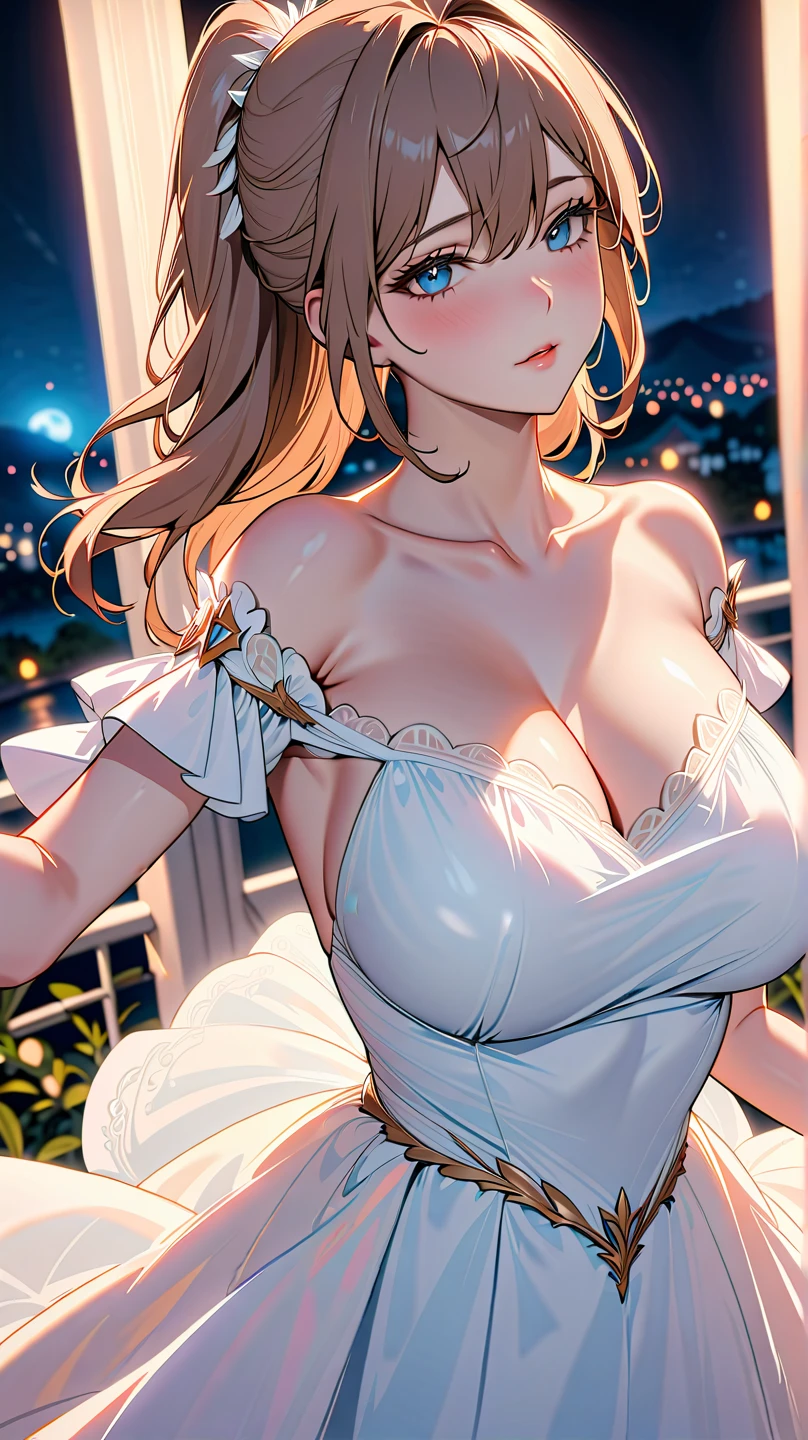 Best quality, 30 year old woman, massive breasts, brown long hair, blue eyes, skimpy thin white dress, sunset, upper body, sexy, angelic, thin fabric, see through, god rays, fluffy clouds, colourful flower field,
