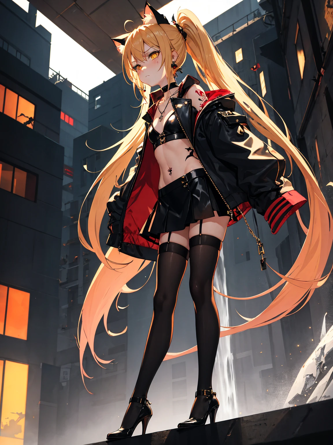 girl, long side bangs, long flowing ponytail, blonde with red highlights on hair, red stripes on hair, wasteland outfit, thick eyelashes, ultra detailed face, idol, black pants, black 'n white t shirt, streets adornments, black boots, fingerless gloves, futuristic adornments, lovely, city streets, night, starry night, cute walk