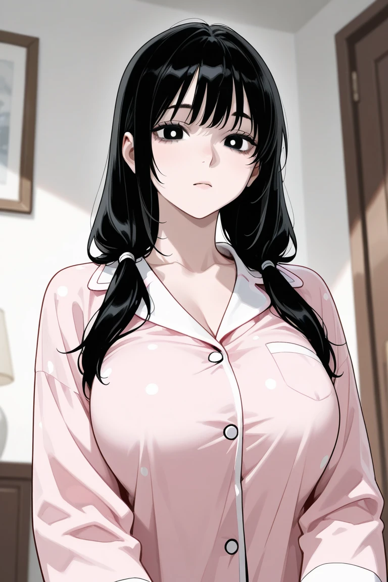 Cute mommy, mature women,orange pajama,realistic skin,perfect ,black hair, long hair, (hair over one eye:1.4), messy hair, hair between eyes, chubby,plump,fat,dense pubic hair, extreme pubic hair, Sexy lips, pucker lips,cute shy blush on
