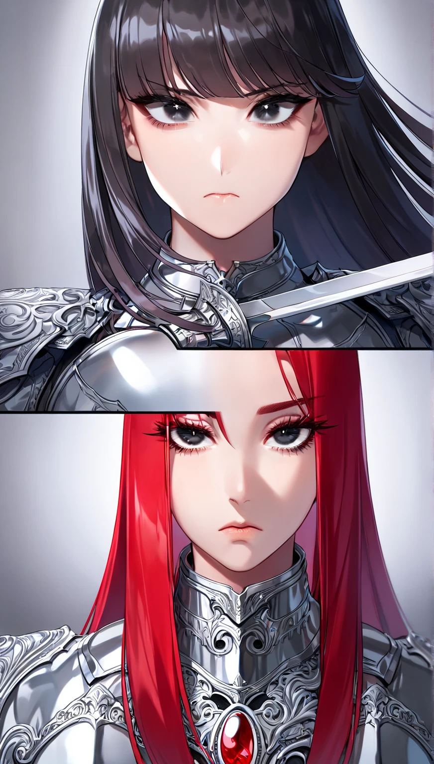 A pink haired queen with violet eyes is posing with a red haired female knight with red red eyes