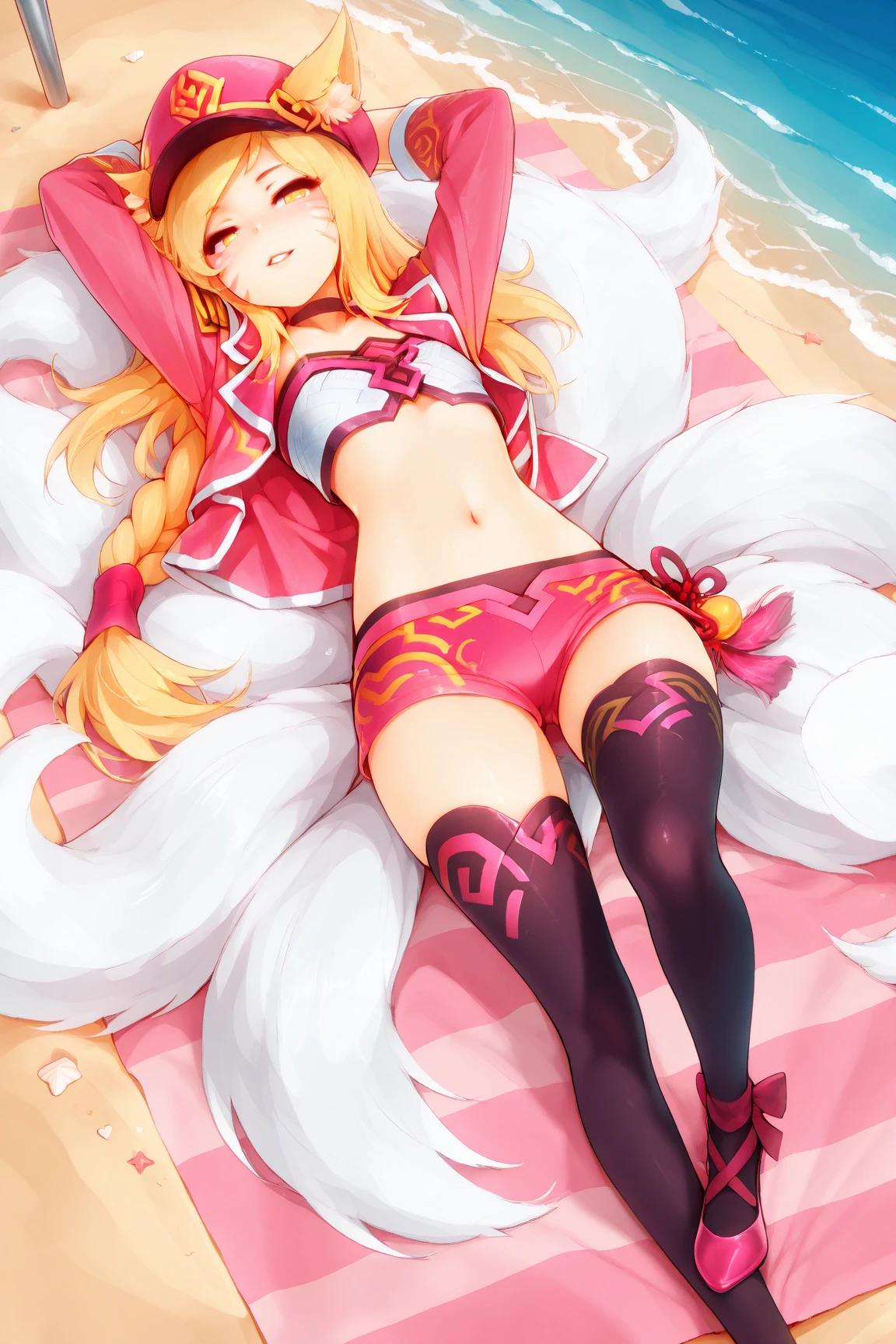 1girl, lambdadelta, pink dress, kneehighs, striped legwear, red shoes, shoe bow, red bows, blond hair, short hair, brown eyes, elbow black gloves, top-down bottom-up, best quality: 1.5, masterpiece, perfect figure, delicate hands, HDR, detailed body, extremely detailed, higres, beautiful girl, Summer, grass, a few small flowers, large clouds, blue sky, hot weather, perfect body, wet skin, navel, sexy, beautiful waist, desirable, small breasts, shy, bikini, bare shoulders