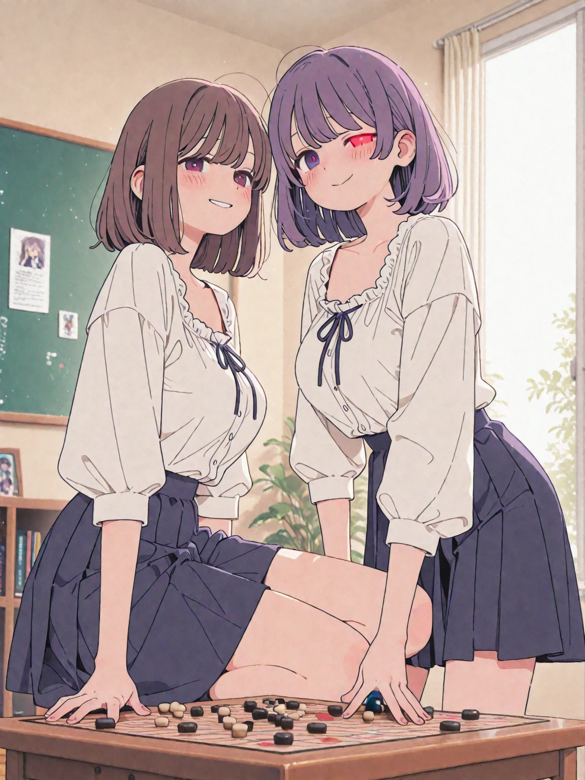((2 girls))、(smile:1.5)、(blush)、shirt、blouse、((fun))、Chirarism、(small breasts)、single braid、blake black footwear,(黒いskirt)、bow, button, 襟の付いたshirt, long sleeve, ((red bow tie, school uniform, black jacket, open jacket, Brown cardigan, 白のshirt, 黒のskirt, チェック柄のskirt、white socks)),, shirtを,, skirt, socks, thighs, 白い shirt, Rest indoors, ((classroom:1.5))、 BREAK looking at viewer、(skirtを掴む:1.0)、 (perfect hands, perfect anatomy),cowboy shot、(skirt lift:1.3), (No panties:1.3)、((shaved pussy:1.5))、(skirt that rolls up:1.3)、(Highly detailed labia fully exposed:1.5)、(Photo seen from below)、