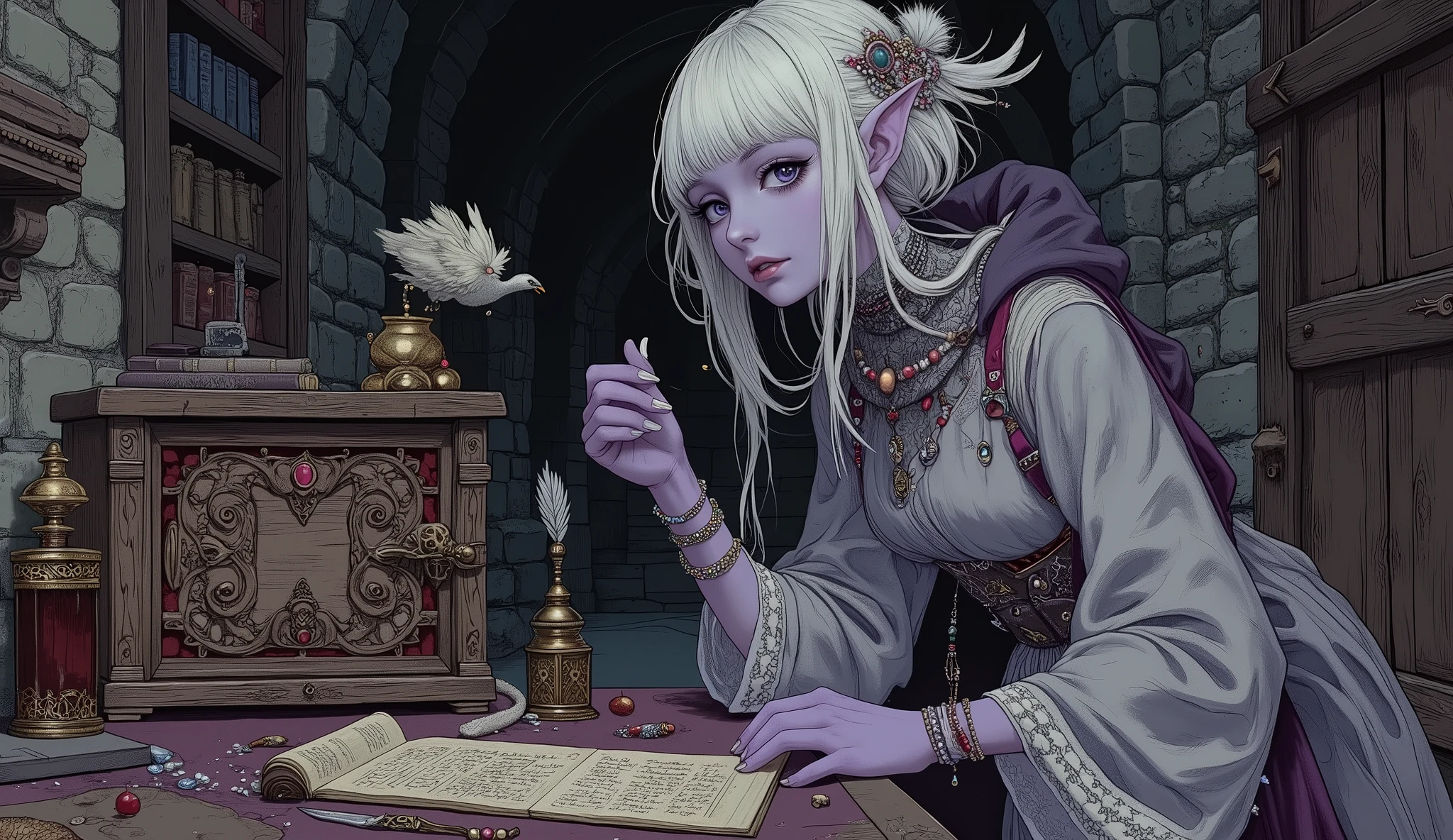 (A fusion of Ukiyo-e and dark fantasy. Aesthetic and gothic digital art. Illustrations are drawn from the perspective of looking up diagonally from the ground.) BREAK
(White hair. Blunt bangs. White eyebrows. Long white eyelashes. Almond-shaped eyes. Lavender eyes. Dark, thick eyeliner. Small pink lips. Slightly pointy ears. Dark, dark purple skin. Thin limbs. Thin fingers. White fingernails. One thumb and four fingers accurately drawn.) BREAK
(The world of the Dracula legend is set in medieval Romania. It is midnight and the area is very dark. A female vampire hunter, a dark elf, is examining a strange ancient magical device and an enchanted dagger in the underground treasury of Count Dracula's castle, her back turned and her body twisted in a daring pose and action. The treasury is well kept, and in the center of it, on an ornate wooden table, is an old-fashioned hand-held safe and a thick sheaf of treasure inventory. There is also a quill and an inkwell. The woman wears a choker adorned with colorful beads and red and blue jewels, a church-style tunic of gray linen, and a Turkish silk cloth elegantly wrapped around her waist. She wears a gray, thin, transparent organza skirt with a deep slit, braided sandals, and beaded bracelets and anklets on her wrists and ankles. She weaves beautifully colored bird feathers into her hair.)