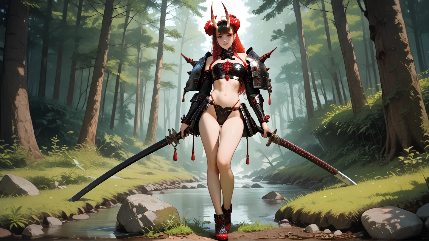 ((depic young girll)), (((top-quality, masterpiece))), 4k, HD, one girl, long hair, (((red hair))), (((hair on eyes))), straight hair, ((poney tail)), nice hips, Masterpiece, Excellent, complex details, delicate girl, delicate face, sassy, confident, white ribbons, (((sofisticate red lace lingerie))), big breasts, brown eyes, clavicle, bare arms, bandage on arms, flat belly, standing, (((graceful fighting move))), ((holding katana sword in hand)), Japanese garden, atmosphere of feudal Japan