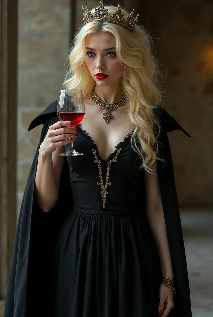 A sensual Brazilian woman in her 30s, with full breasts, big glutes, wearing a beautiful, sexy red and black dress, hand on her waist, laughing., golden trident earrings and necklace, make-up, skull bracelets, full lips with red lipstick, voluminous blonde highlighted hair down to the waist in an empty cemetery on a beautiful full moon night, glass of champagne in hand, red nails with a golden trident in hand