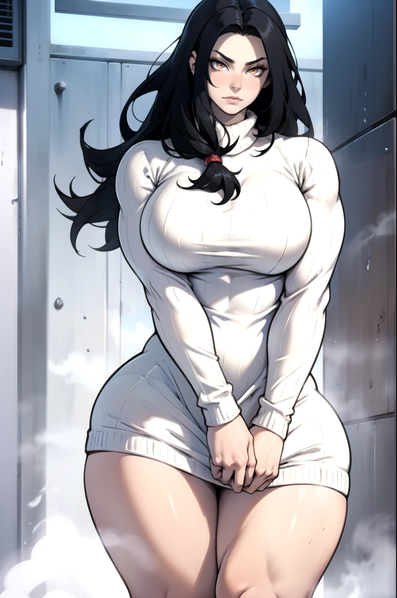 sundress long sleeve white dress girl muscular thick black hair yellow eyes pale skin 