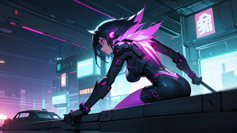 La meilleure qualité, high resolution,personnage cyberpunk,animated beauty,corps entier lesbienne très belle jeune femmes en dessous sexy, back view leaning forward with arms outstretched