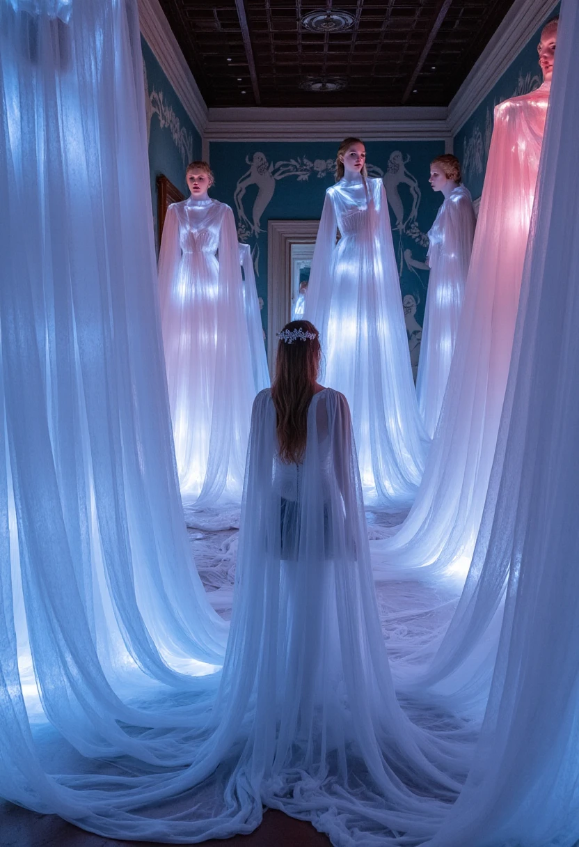 Create an image of a painting of a woman in the forest standing illuminated by the moon and wearing transparent clothing