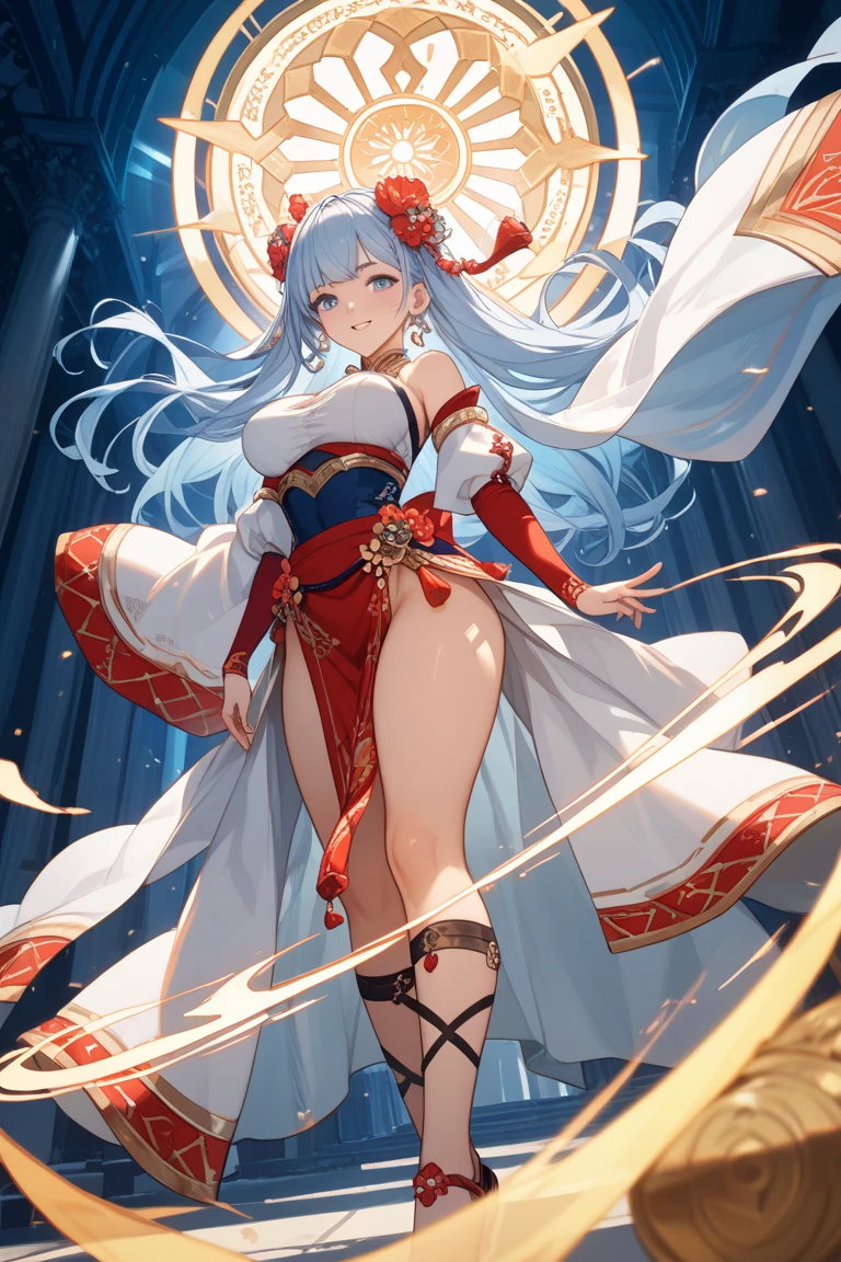 Masterpiece、Highest quality、Super detailed、Fluffy and soft long hair、Gray Hair、Diamond Eyes、Big Tits、Too big breasts、Shrine maiden、Mysterious Shrine、Starry Sky、Fox ears and tail、smile、Belly button