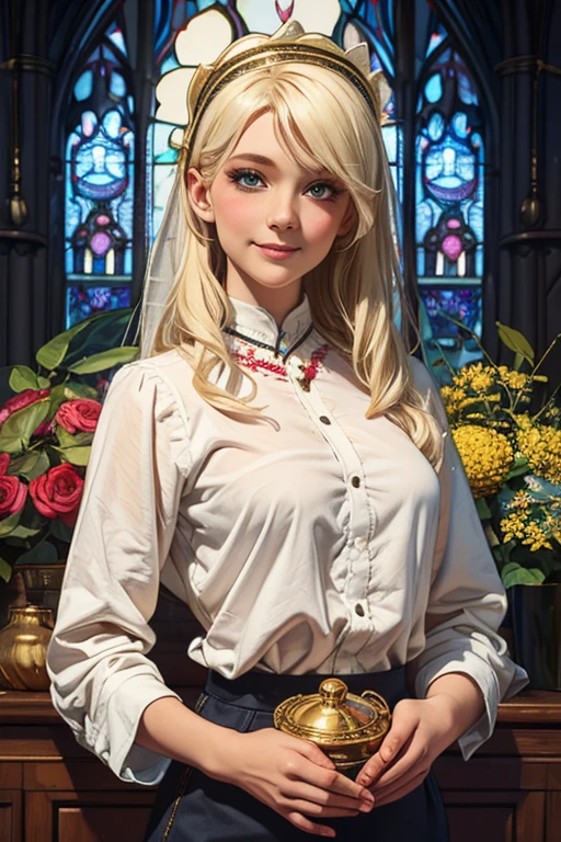 ((playing with a raven)),(sitting in a church pew, crossed legs:1.3),(realistic illustration). cute 27 yo ((blonde:1.3)) Caucasian woman with green eyes. Sexy (chubby:0.7) figure, natural breasts, beautiful ass. ((charming smile)). Eyeglasses, cardigan, floral print sundress, high heels, Masterpiece, (highly detailed:1.2),(detailed face and eyes:1.2), 8k wallpaper, cinematic lighting. core shadows, high contrast, bokeh.