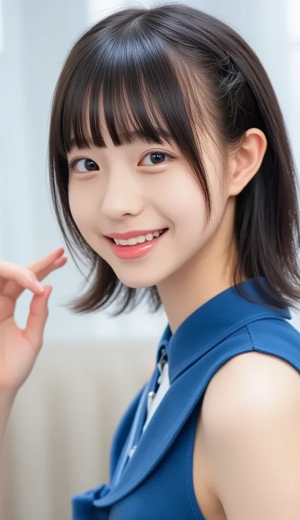 Japanese female, (underweight), (flat chest best quality:1.5), (cheerful grin:1.5),